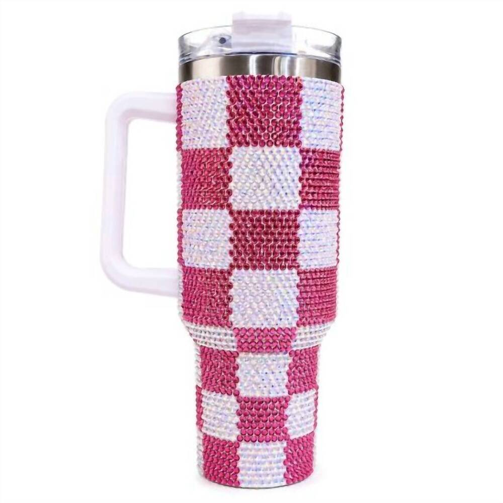 NEW SOPHIA COLLECTION 40 oz checkered rhinestone tumbler in pink & white